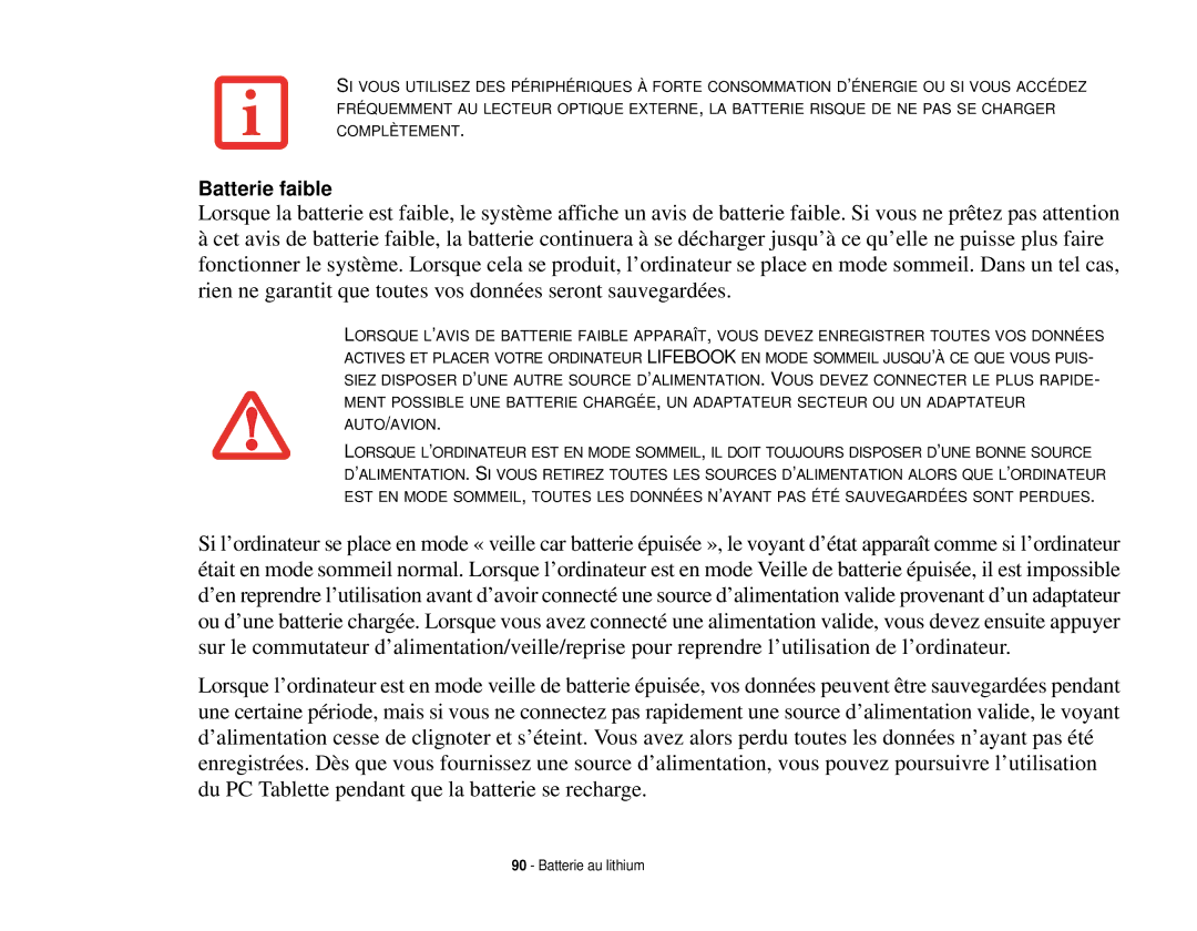 Fujitsu T731 manual Batterie faible 