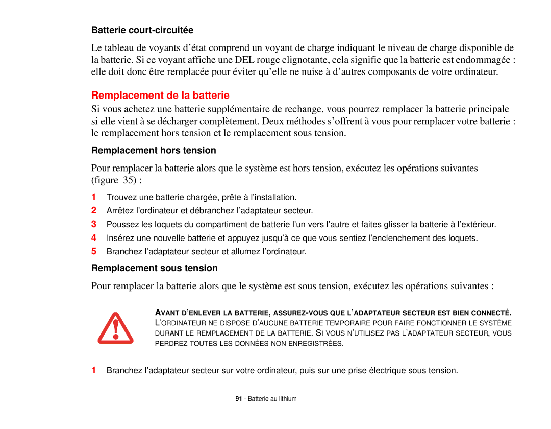 Fujitsu T731 manual Remplacement de la batterie 