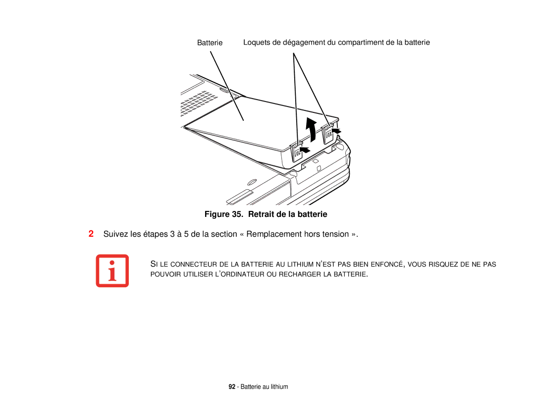 Fujitsu T731 manual Retrait de la batterie 