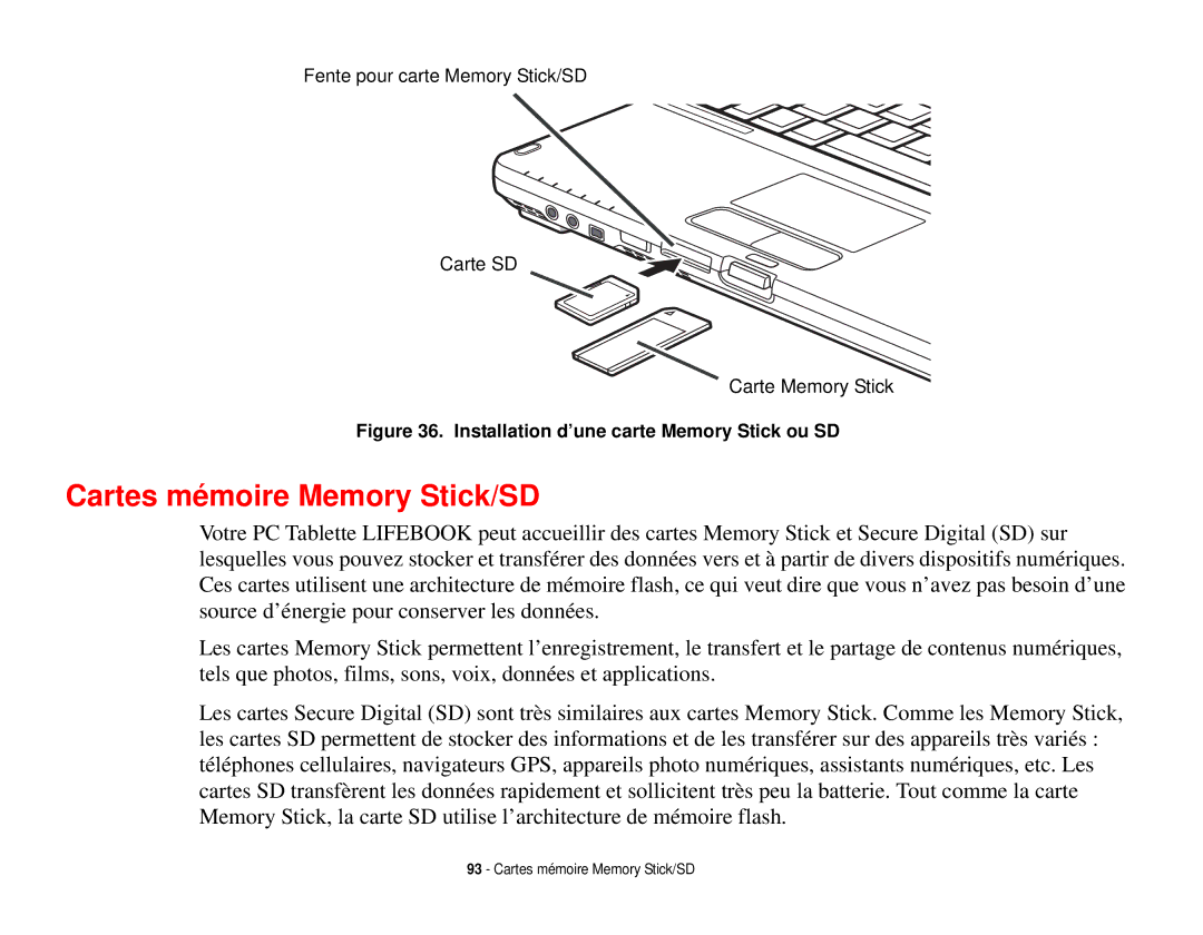 Fujitsu T731 manual Cartes mémoire Memory Stick/SD, Installation d’une carte Memory Stick ou SD 