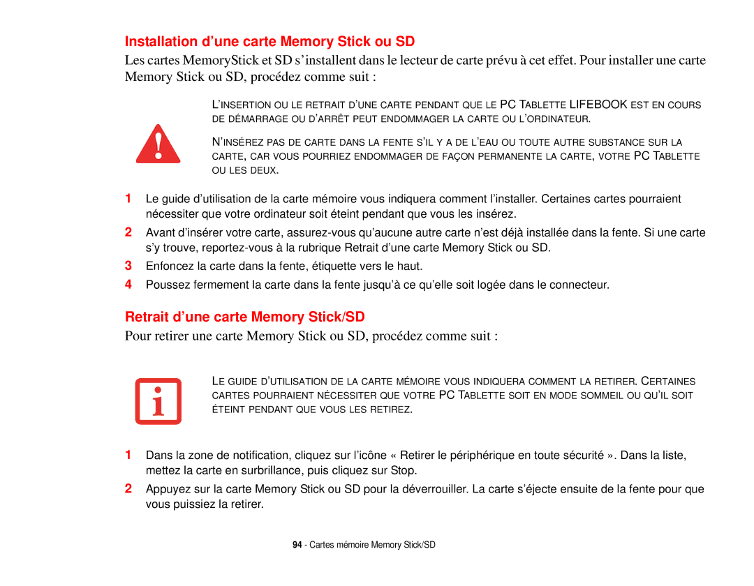 Fujitsu T731 manual Installation d’une carte Memory Stick ou SD, Retrait d’une carte Memory Stick/SD 