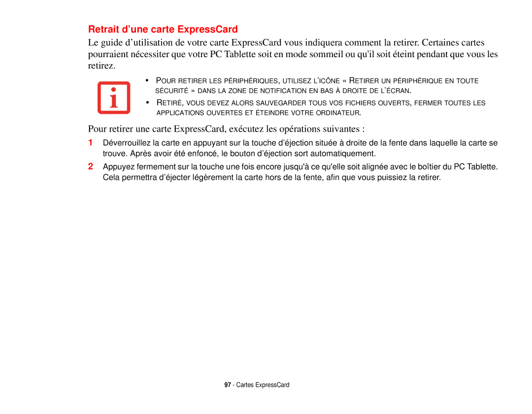 Fujitsu T731 manual Retrait d’une carte ExpressCard 