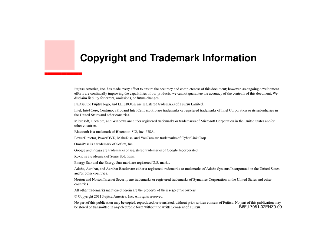 Fujitsu T731 manual Copyright and Trademark Information 