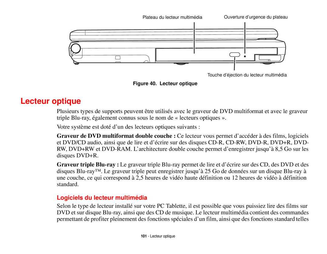 Fujitsu T731 manual Lecteur optique, Logiciels du lecteur multimédia 