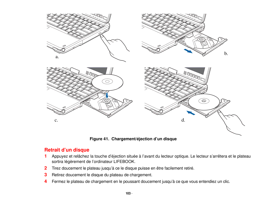 Fujitsu T731 manual Retrait d’un disque, Chargement/éjection d’un disque 