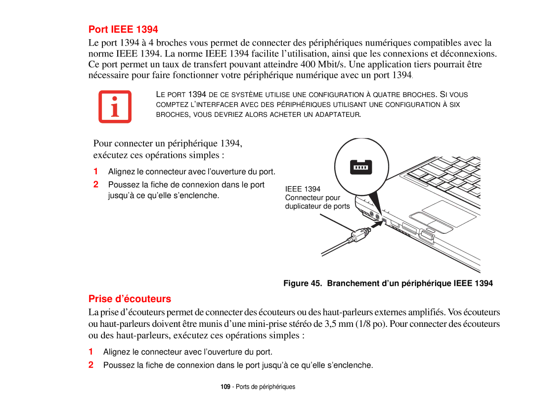 Fujitsu T731 manual Port Ieee, Prise d’écouteurs 