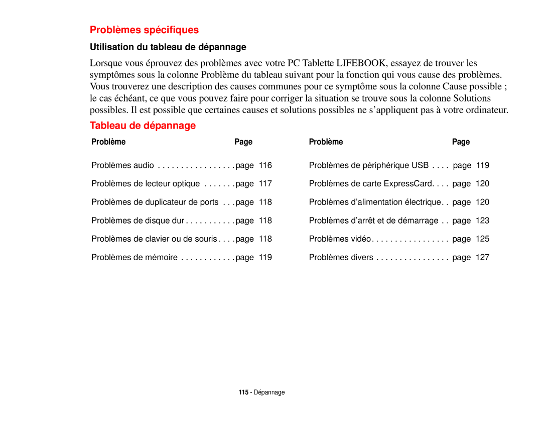 Fujitsu T731 manual Problèmes spécifiques, Tableau de dépannage 