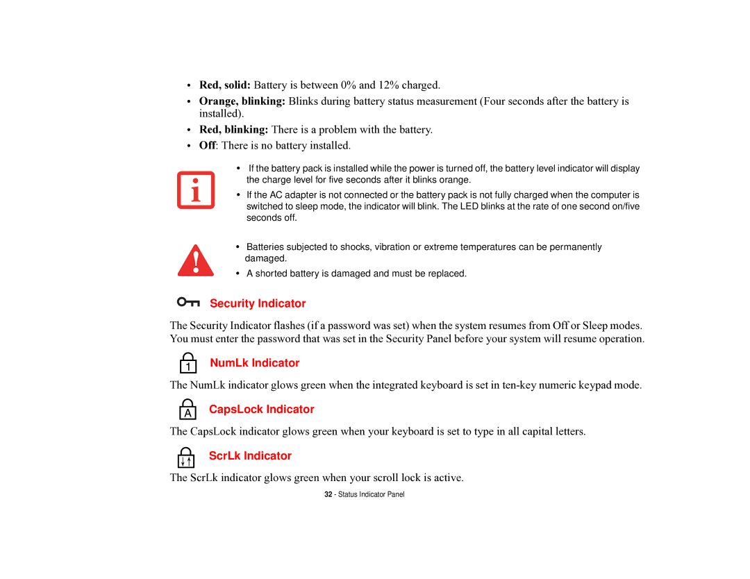 Fujitsu T731 manual Security Indicator, NumLk Indicator, CapsLock Indicator, ScrLk Indicator 