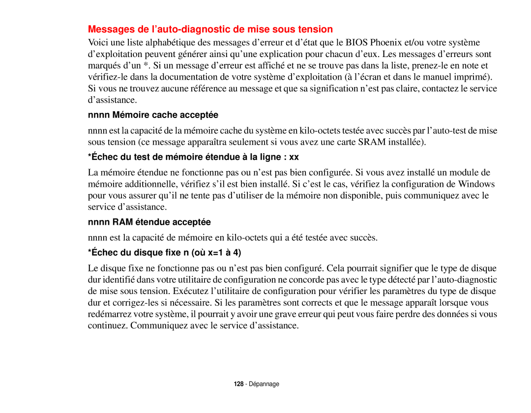 Fujitsu T731 manual Messages de l’auto-diagnostic de mise sous tension 