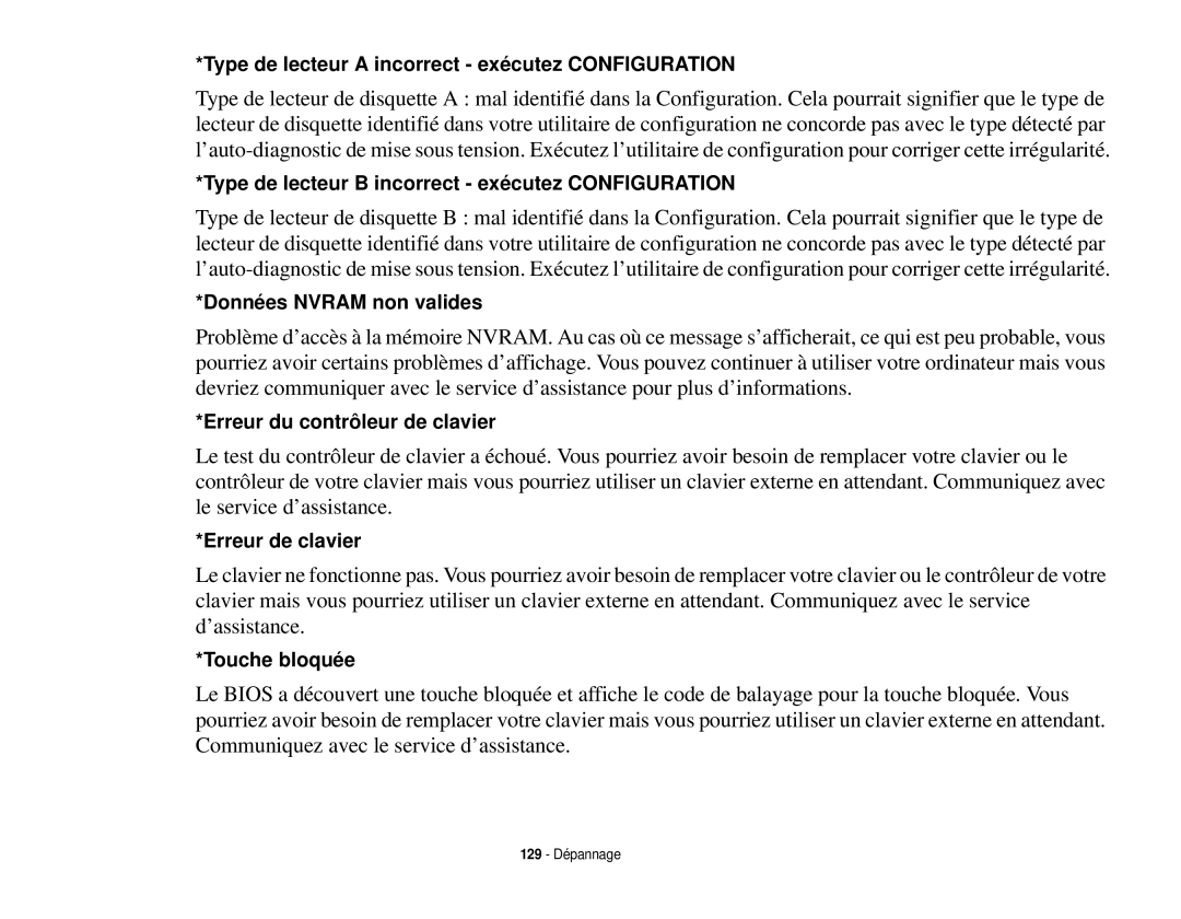 Fujitsu T731 manual Type de lecteur a incorrect exécutez Configuration 