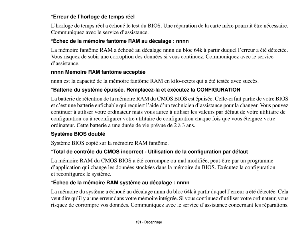 Fujitsu T731 manual Système Bios copié sur la mémoire RAM fantôme 