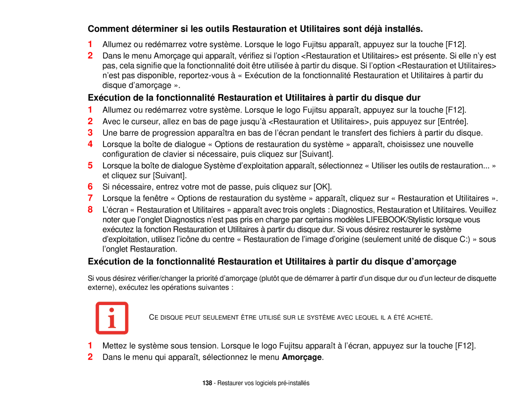 Fujitsu T731 manual Restaurer vos logiciels pré-installés 