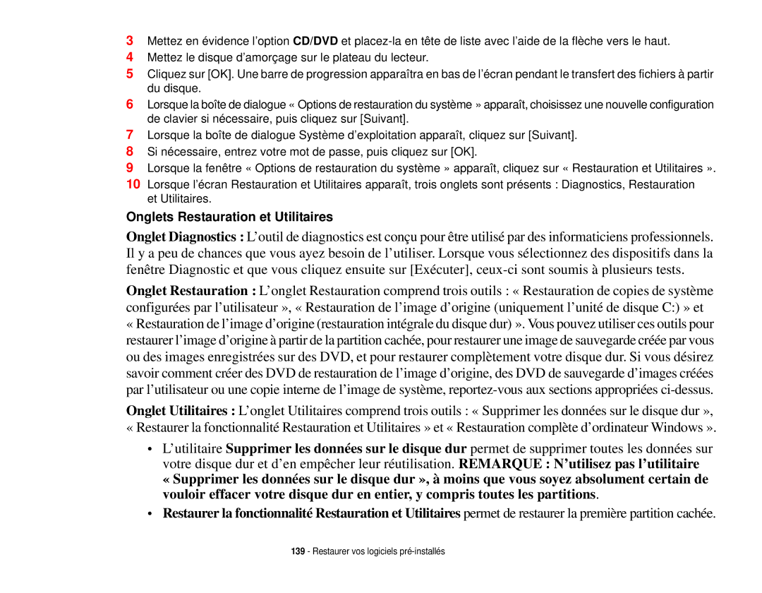 Fujitsu T731 manual Onglets Restauration et Utilitaires 