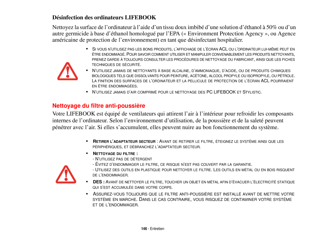 Fujitsu T731 manual Désinfection des ordinateurs Lifebook, Nettoyage du filtre anti-poussière 