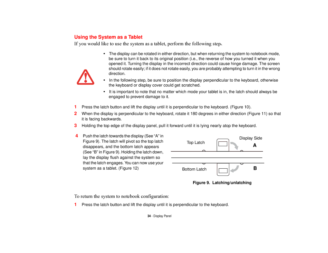 Fujitsu T731 manual Using the System as a Tablet, To return the system to notebook configuration 