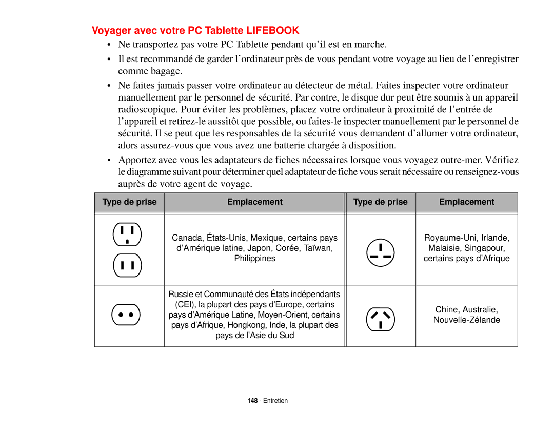 Fujitsu T731 manual Voyager avec votre PC Tablette Lifebook, Type de prise Emplacement 