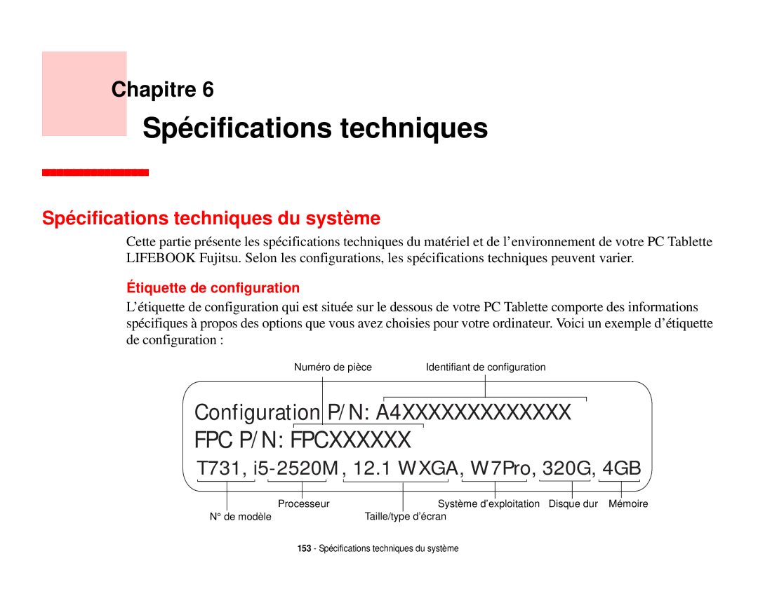 Fujitsu T731 manual Spécifications techniques du système, Étiquette de configuration 