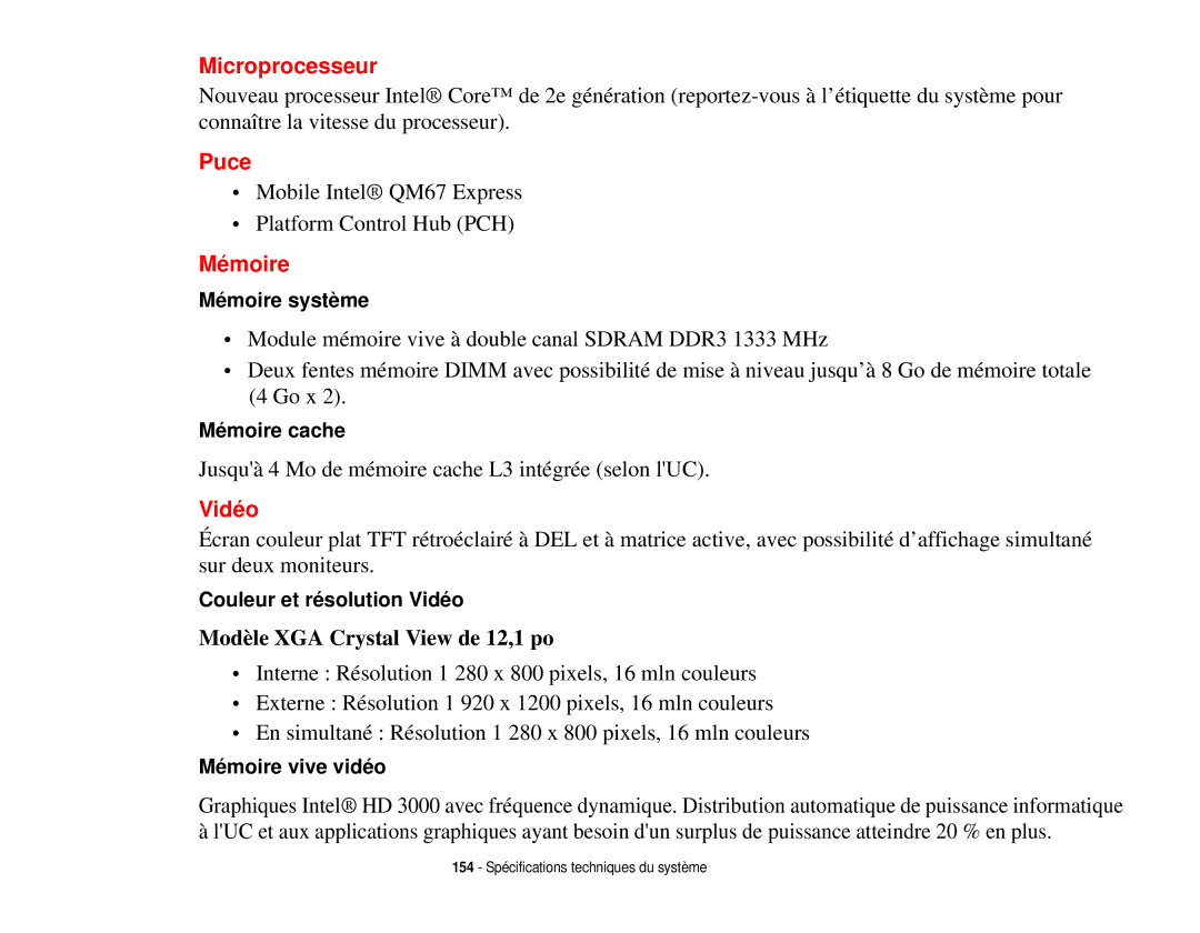 Fujitsu T731 manual Microprocesseur, Puce, Mémoire, Vidéo 