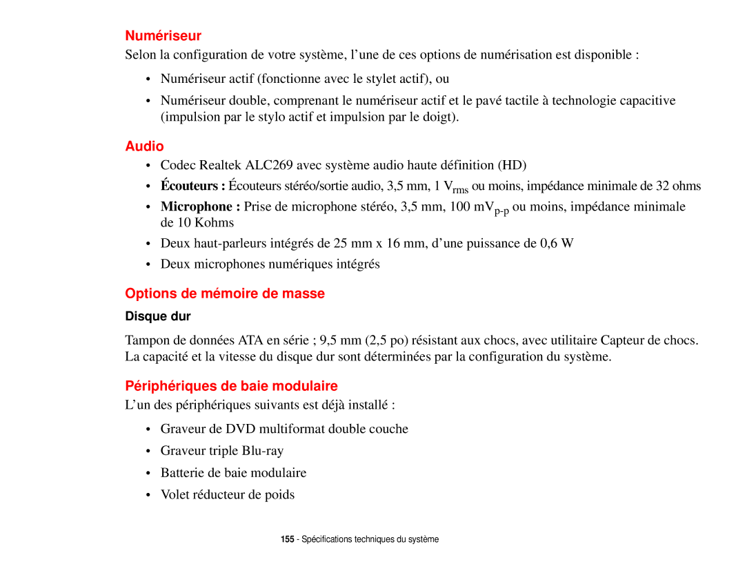 Fujitsu T731 manual Numériseur, Audio, Options de mémoire de masse, Périphériques de baie modulaire 