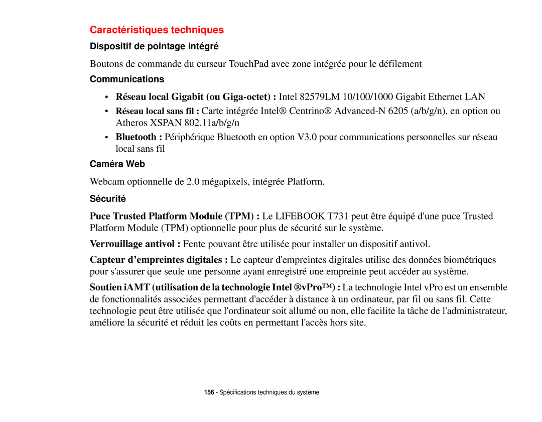 Fujitsu T731 manual Caractéristiques techniques 