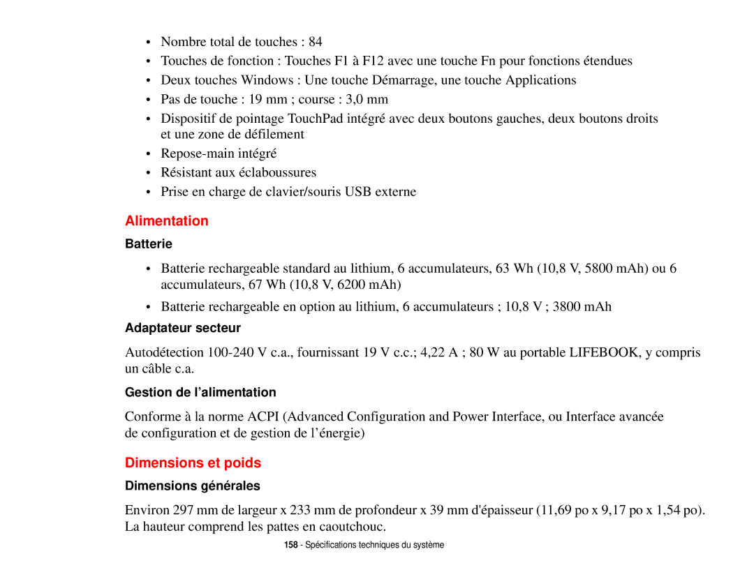 Fujitsu T731 manual Alimentation, Dimensions et poids 