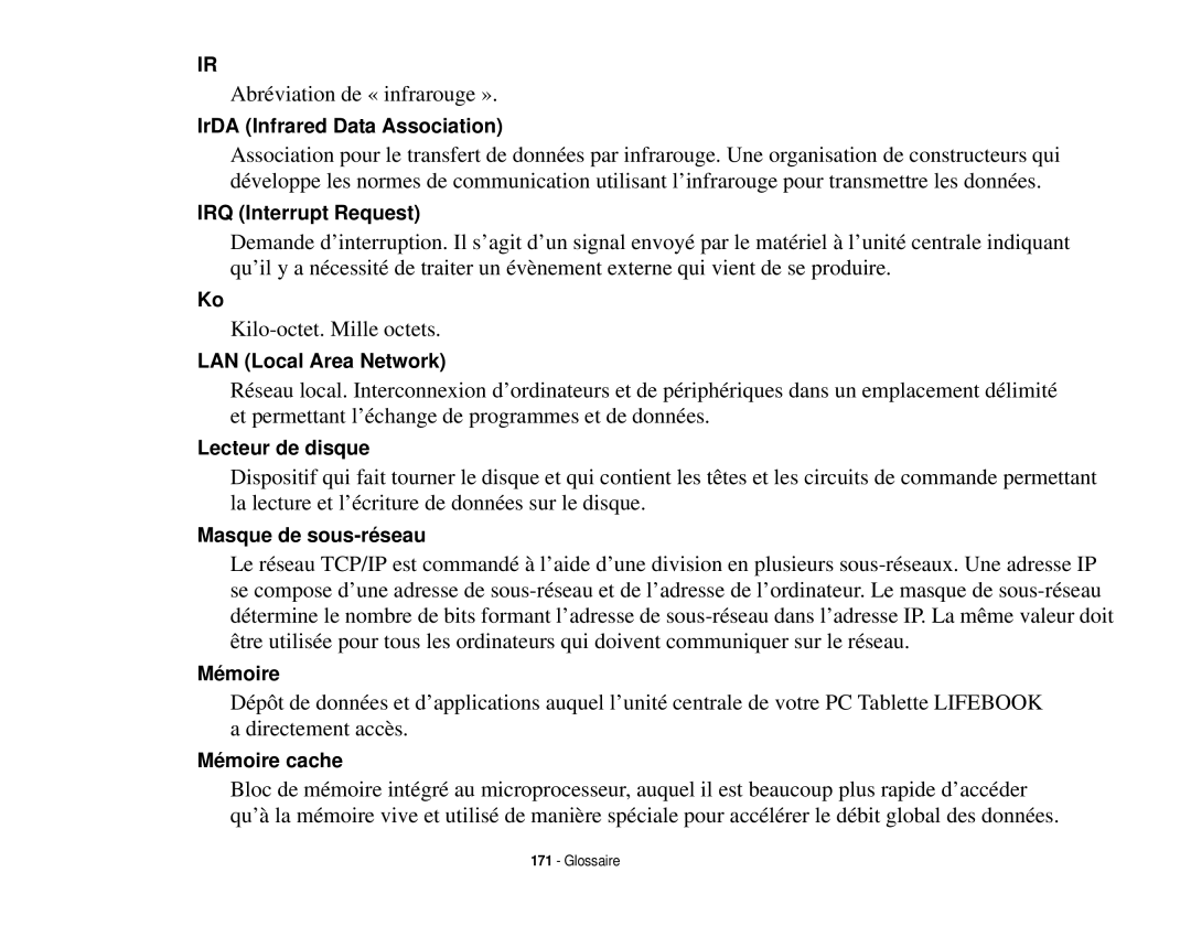 Fujitsu T731 manual Abréviation de « infrarouge » 