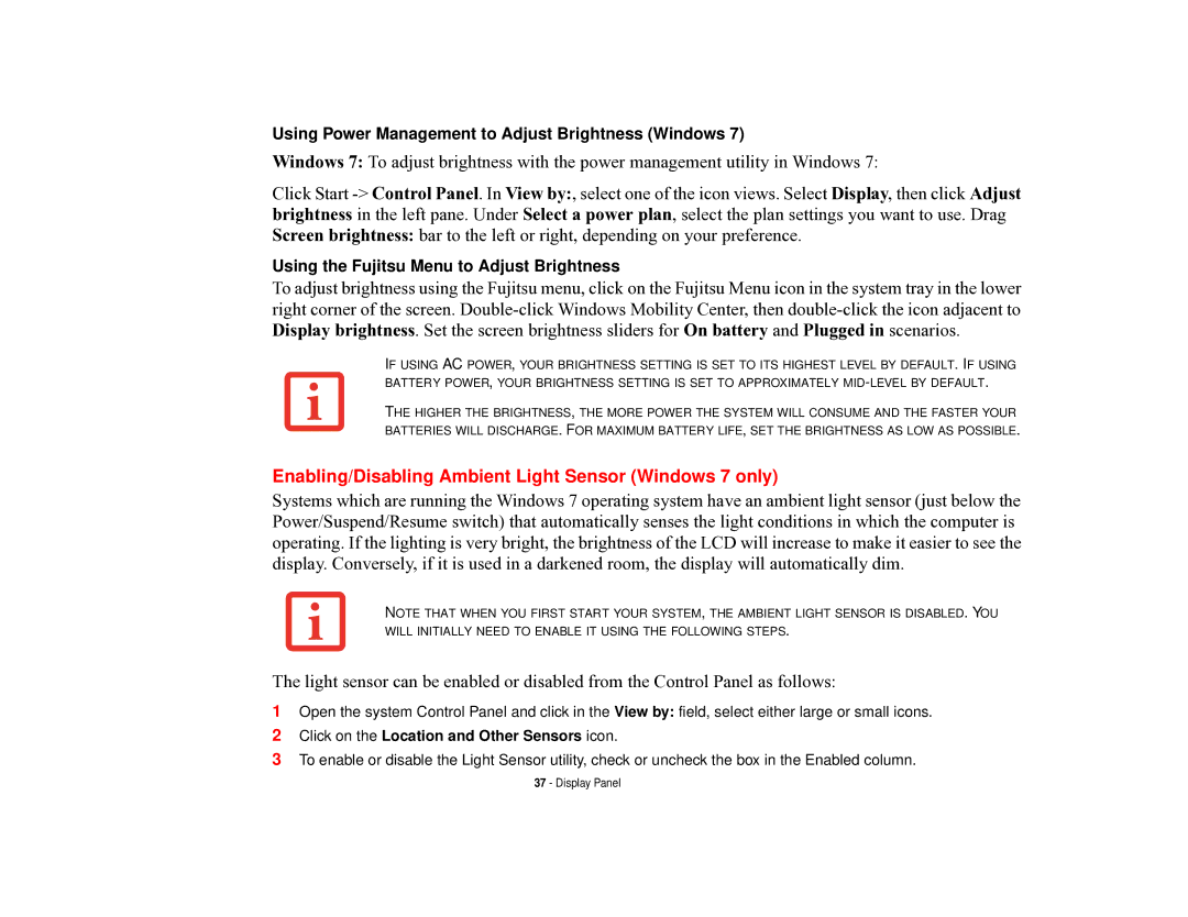 Fujitsu T731 manual Enabling/Disabling Ambient Light Sensor Windows 7 only, Click on the Location and Other Sensors icon 