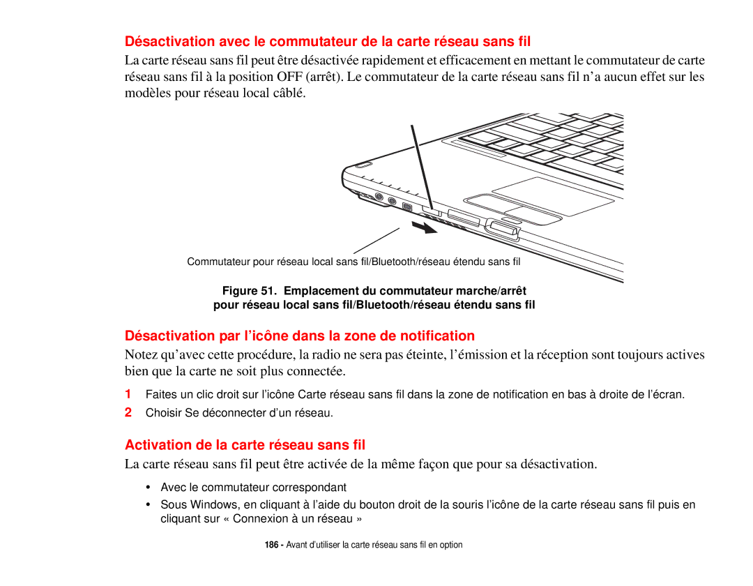 Fujitsu T731 manual Désactivation par l’icône dans la zone de notification, Activation de la carte réseau sans fil 