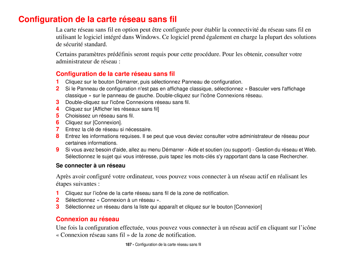 Fujitsu T731 manual Configuration de la carte réseau sans fil, Connexion au réseau 