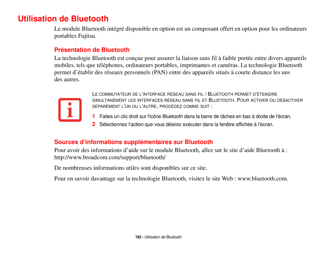 Fujitsu T731 Utilisation de Bluetooth, Présentation de Bluetooth, Sources d’informations supplémentaires sur Bluetooth 