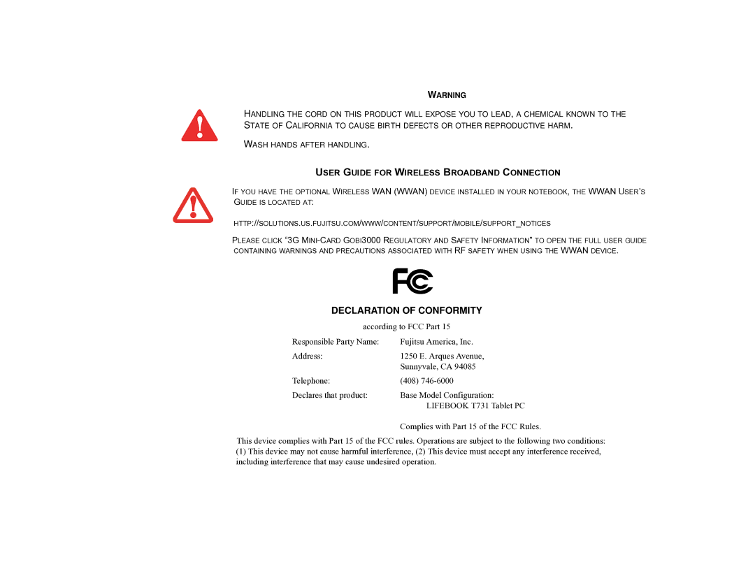 Fujitsu T731 manual Declaration of Conformity 