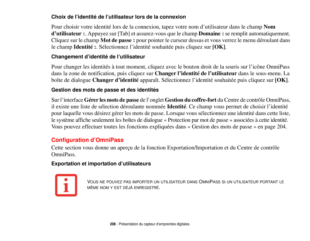 Fujitsu T731 manual Configuration d’OmniPass, Exportation et importation d’utilisateurs 