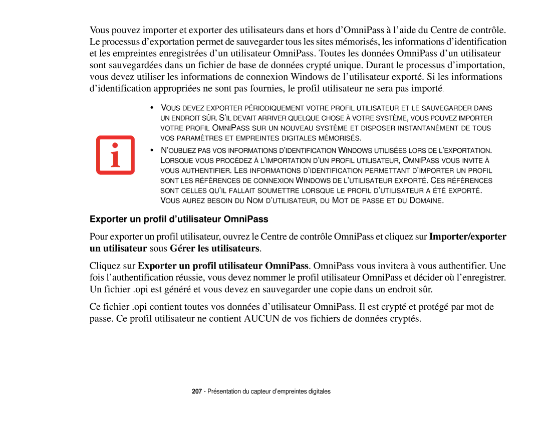 Fujitsu T731 manual Exporter un profil d’utilisateur OmniPass 