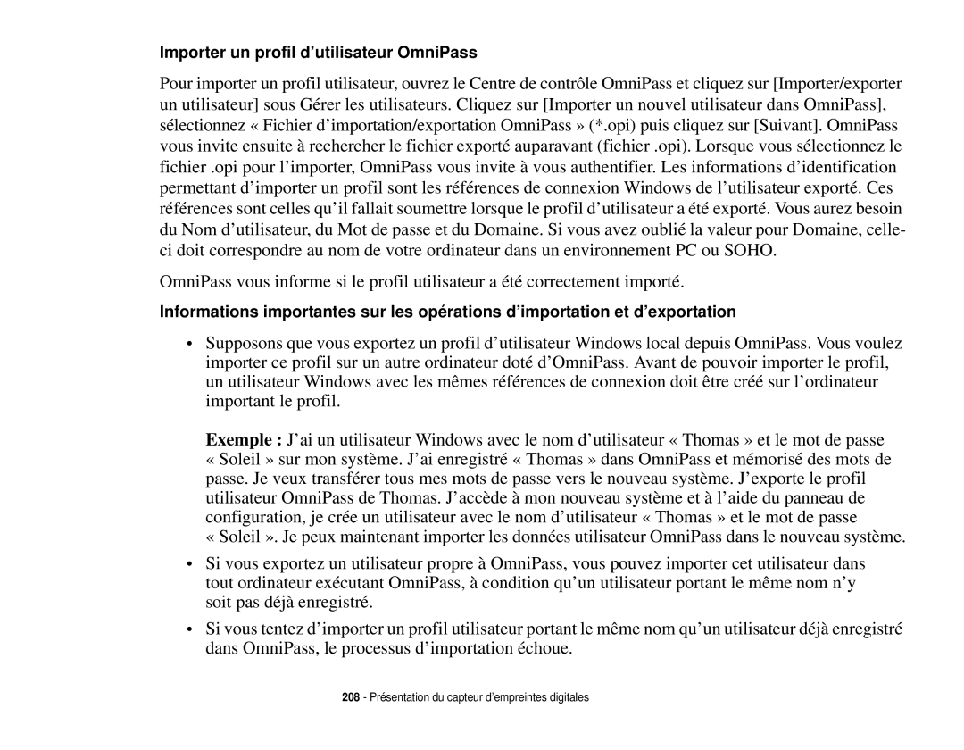 Fujitsu T731 manual Importer un profil d’utilisateur OmniPass 