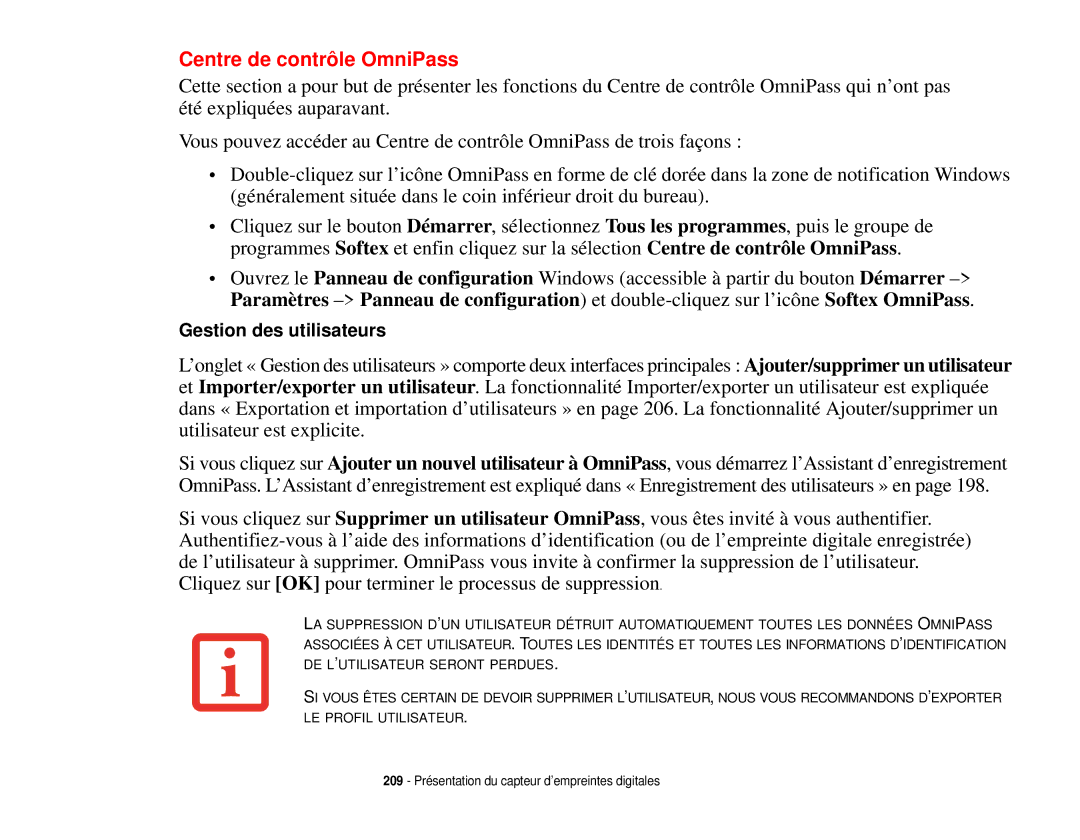 Fujitsu T731 manual Centre de contrôle OmniPass 