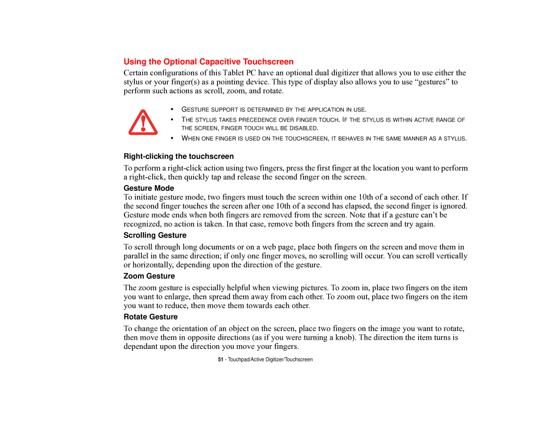 Fujitsu T731 manual Using the Optional Capacitive Touchscreen 