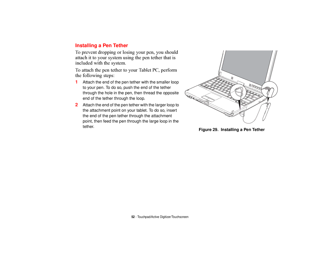 Fujitsu T731 manual Installing a Pen Tether 