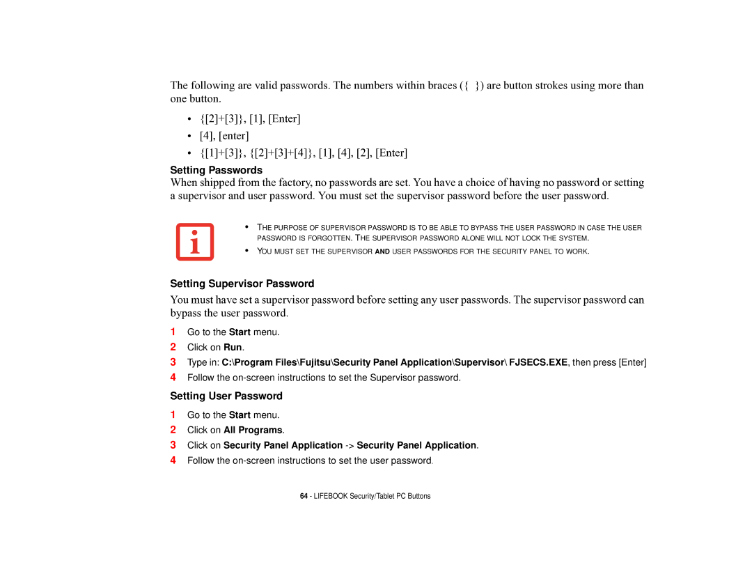 Fujitsu T731 manual Setting Passwords 