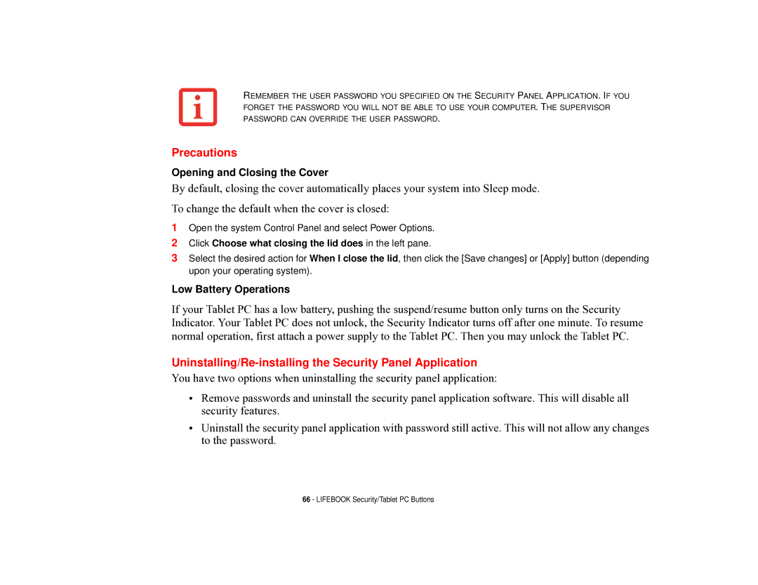 Fujitsu T731 manual Precautions, Uninstalling/Re-installing the Security Panel Application 