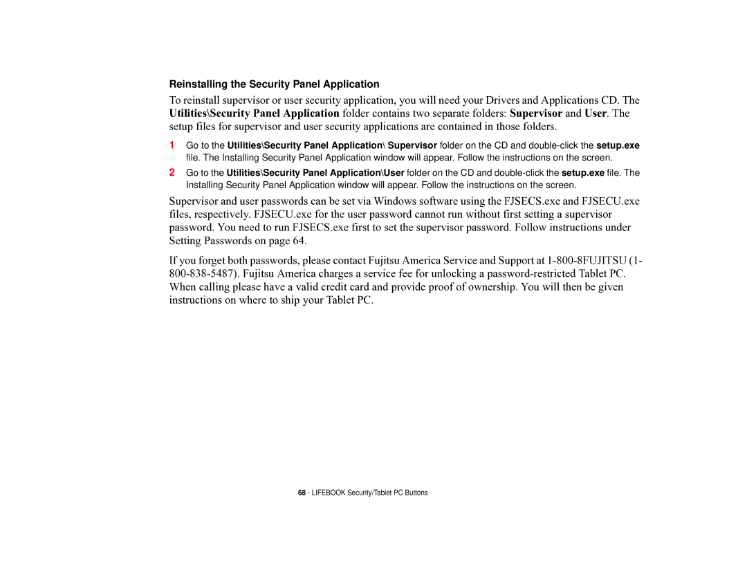 Fujitsu T731 manual Reinstalling the Security Panel Application 