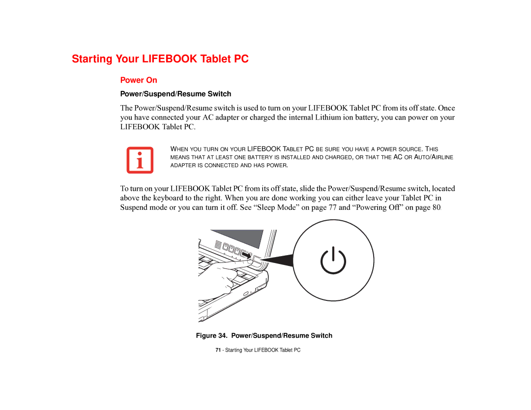 Fujitsu T731 manual Starting Your Lifebook Tablet PC, Power On 