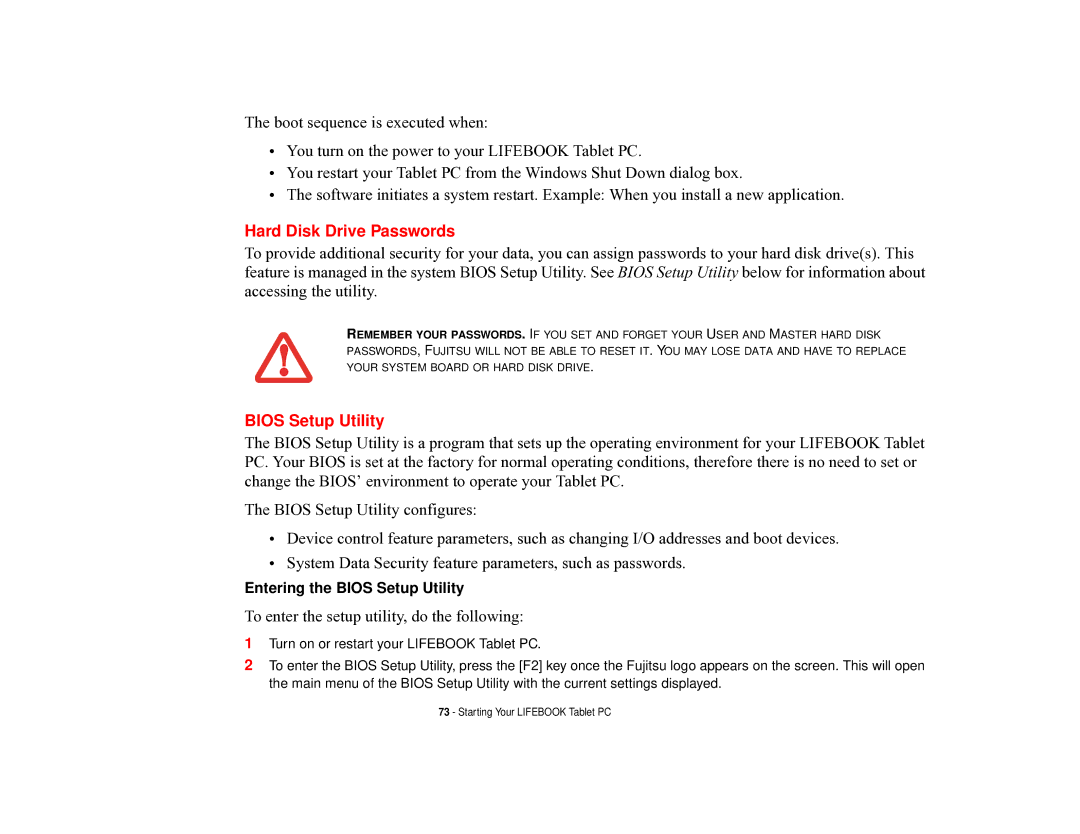 Fujitsu T731 manual Hard Disk Drive Passwords, Bios Setup Utility 