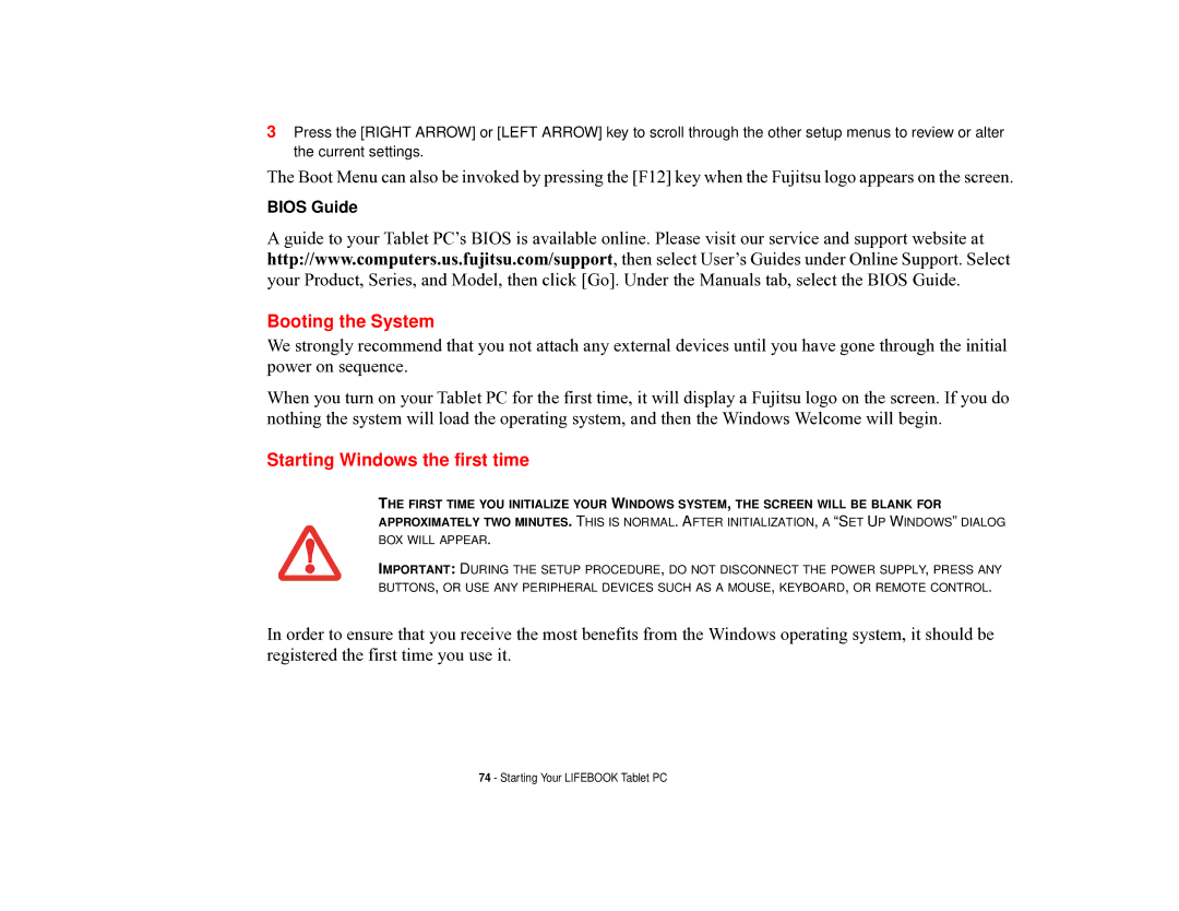 Fujitsu T731 manual Booting the System, Starting Windows the first time 