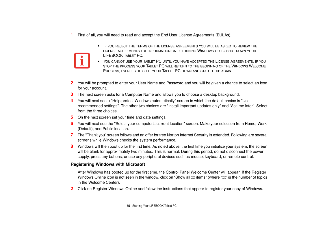 Fujitsu T731 manual Registering Windows with Microsoft 