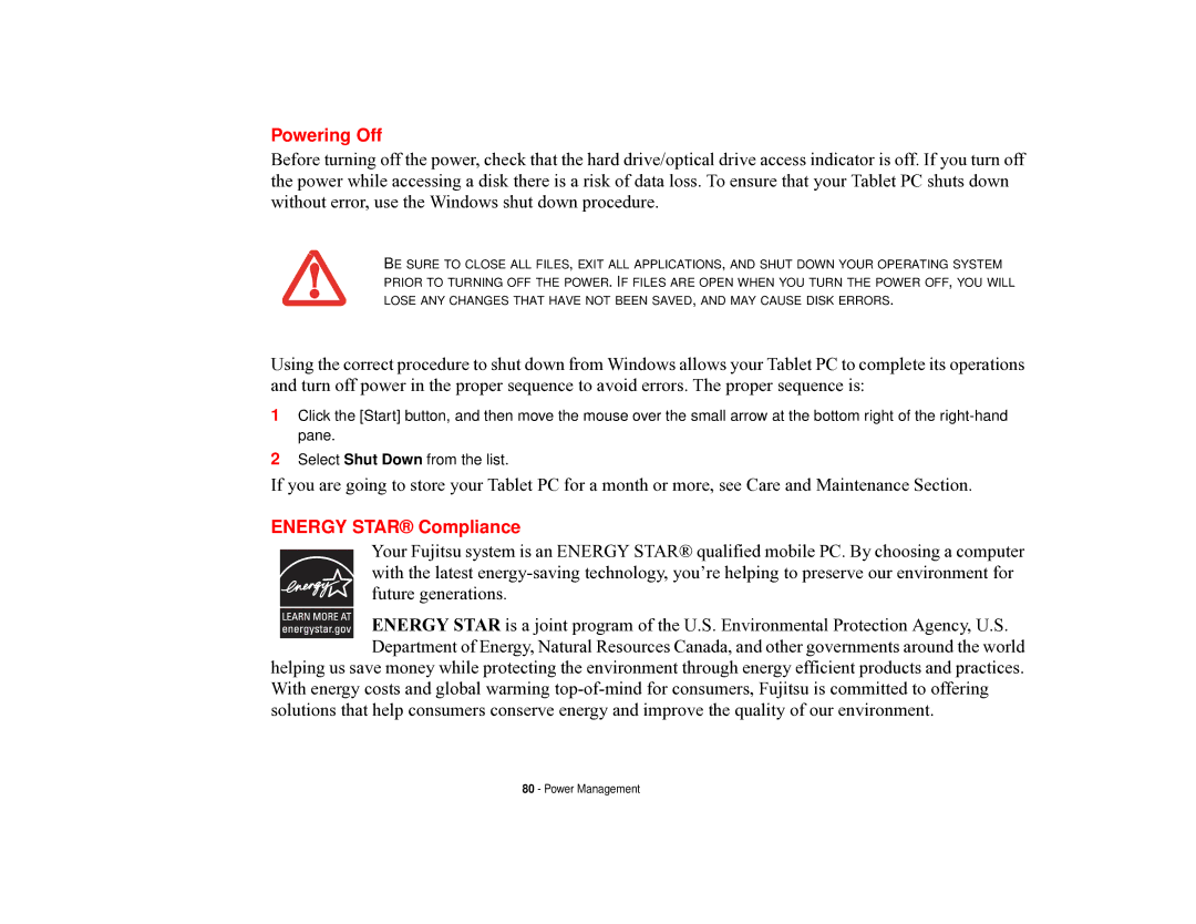 Fujitsu T731 manual Powering Off, Energy Star Compliance 