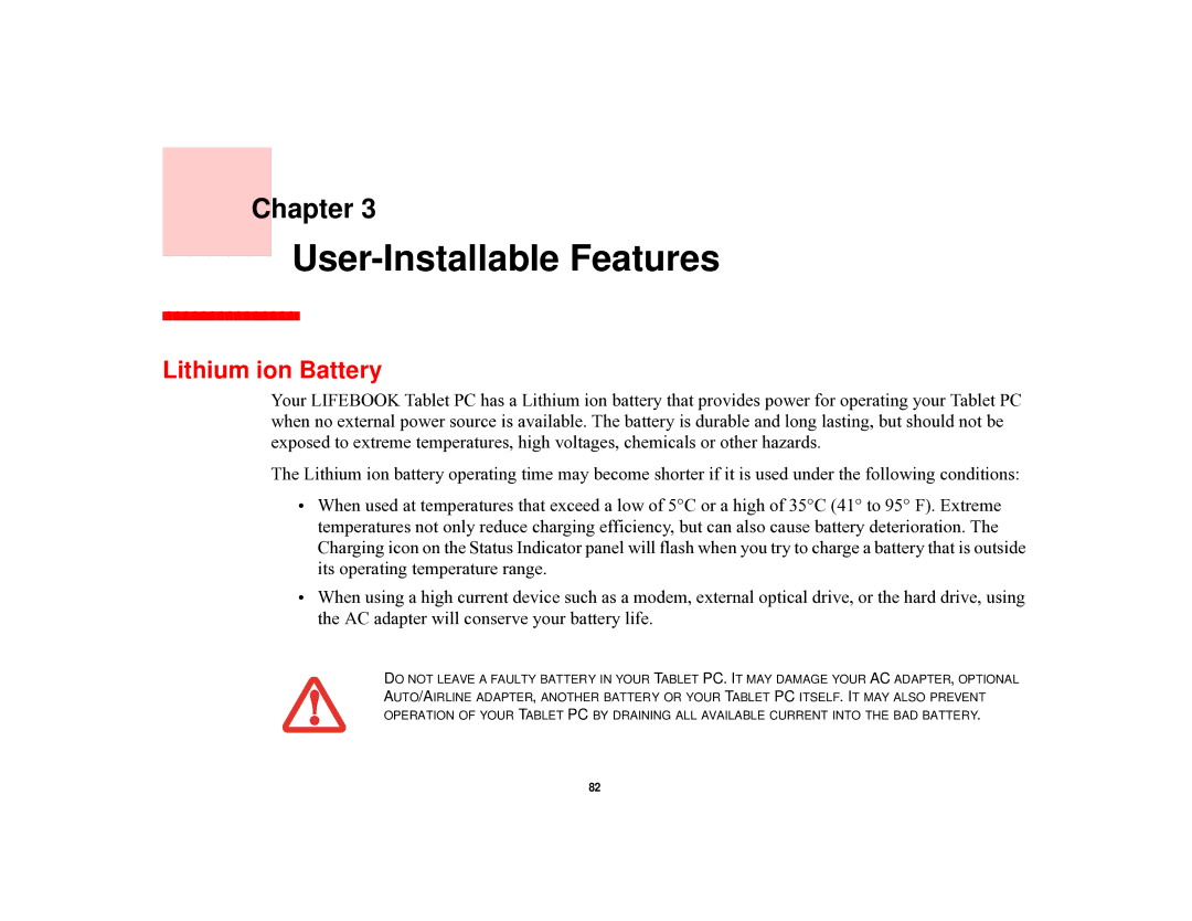 Fujitsu T731 manual User-Installable Features, Lithium ion Battery 