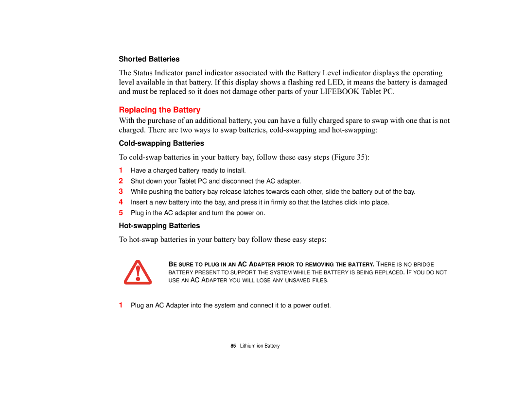 Fujitsu T731 manual Replacing the Battery 