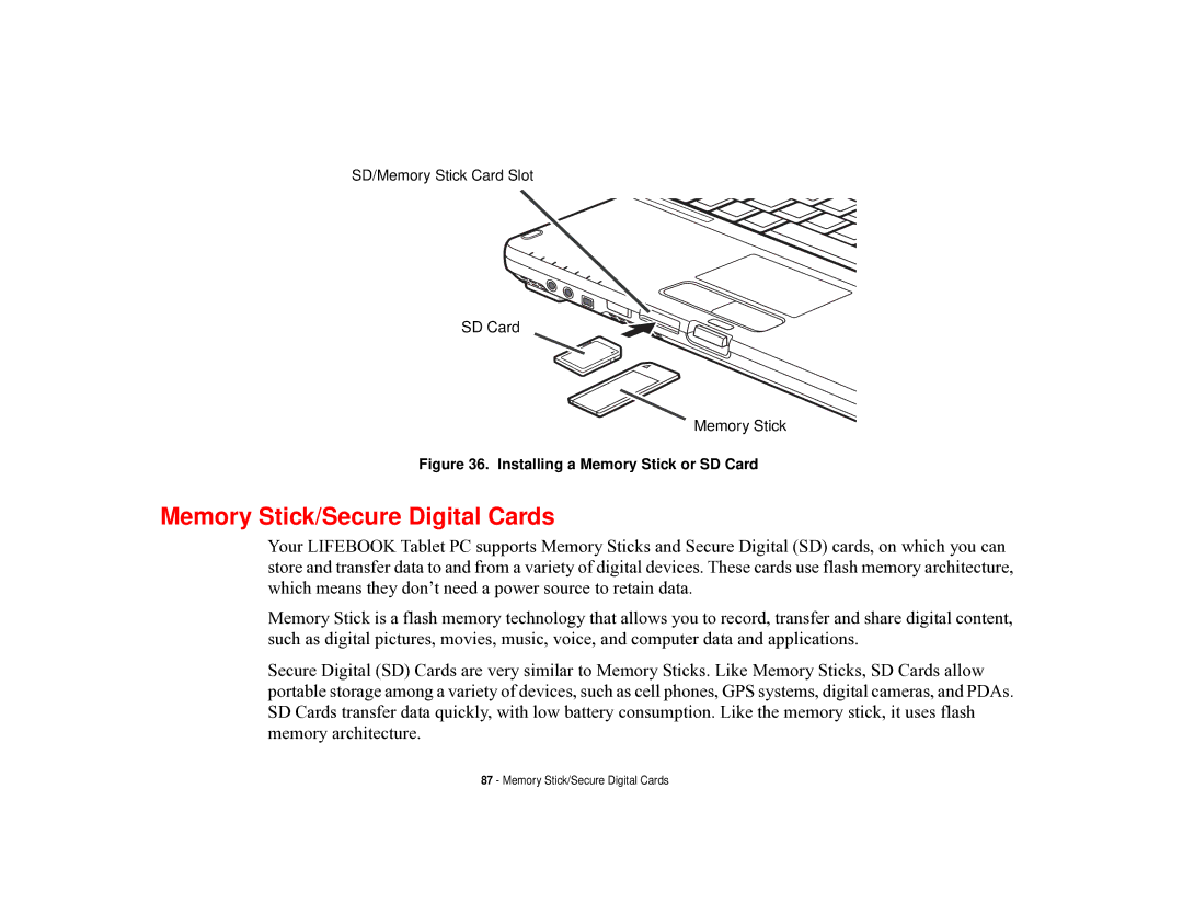 Fujitsu T731 manual Memory Stick/Secure Digital Cards, Installing a Memory Stick or SD Card 