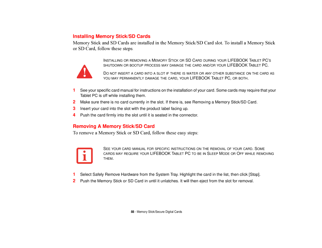 Fujitsu T731 manual Installing Memory Stick/SD Cards, Removing a Memory Stick/SD Card 