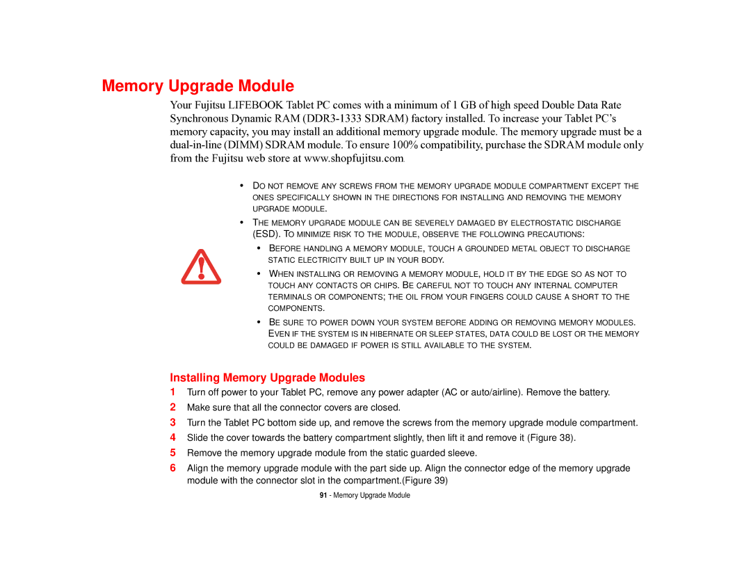 Fujitsu T731 manual Installing Memory Upgrade Modules 